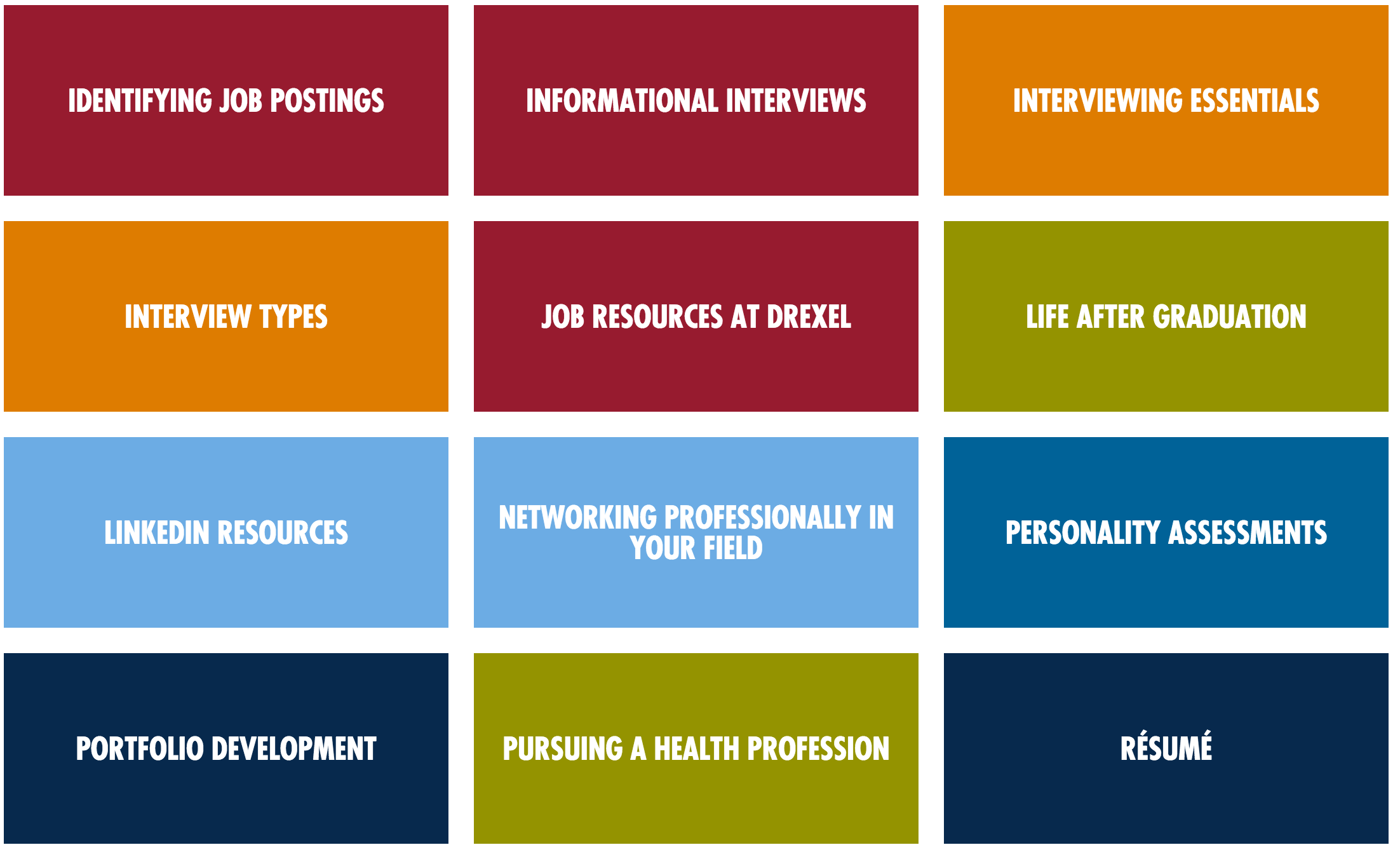 Image of multi-colored boxes with career search related terms in each box